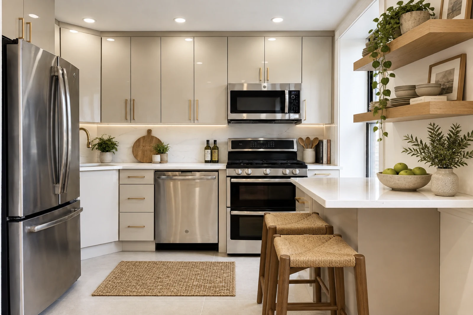 Updated kitchen with high-gloss cabinetry, Calacatta-style surfaces, and GE Profile appliances