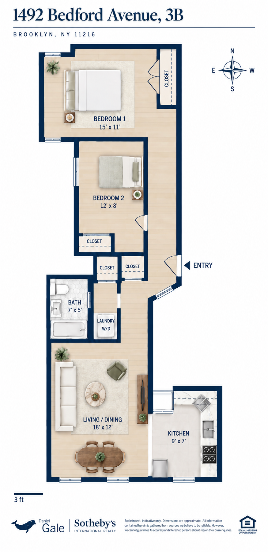 Floor plan for Residence 3B at 1492 Bedford Avenue