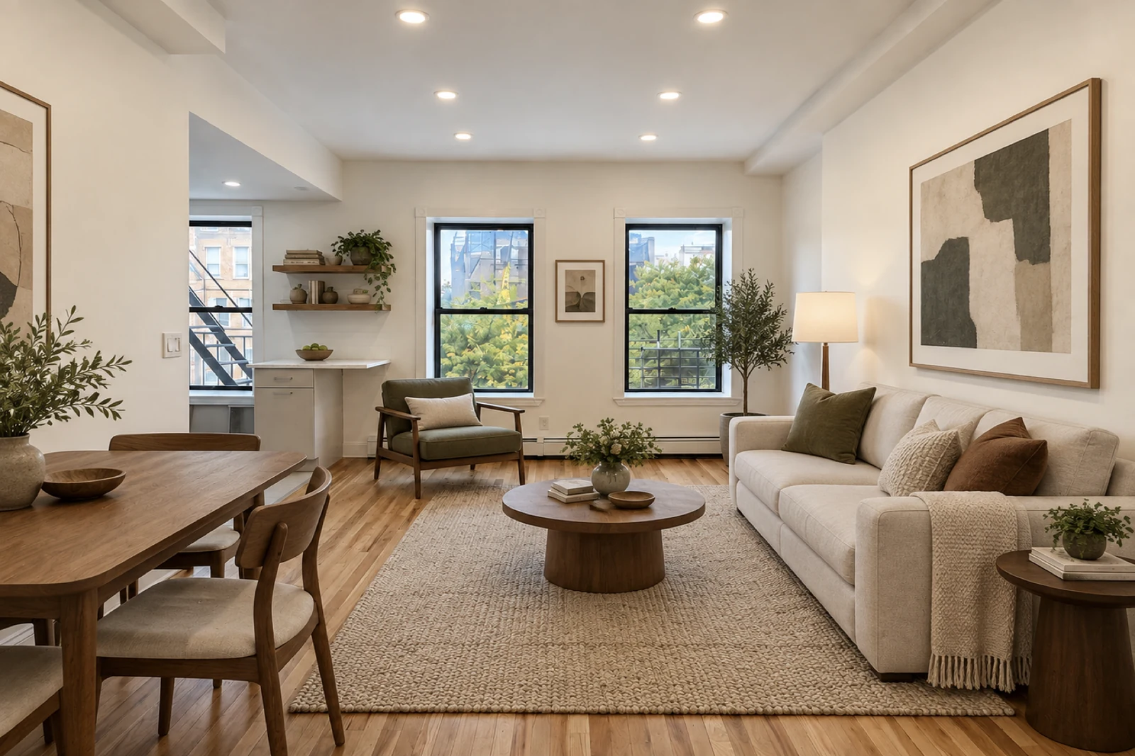 Virtually staged living room at 1492 Bedford Avenue 3B showing two southeast-facing windows